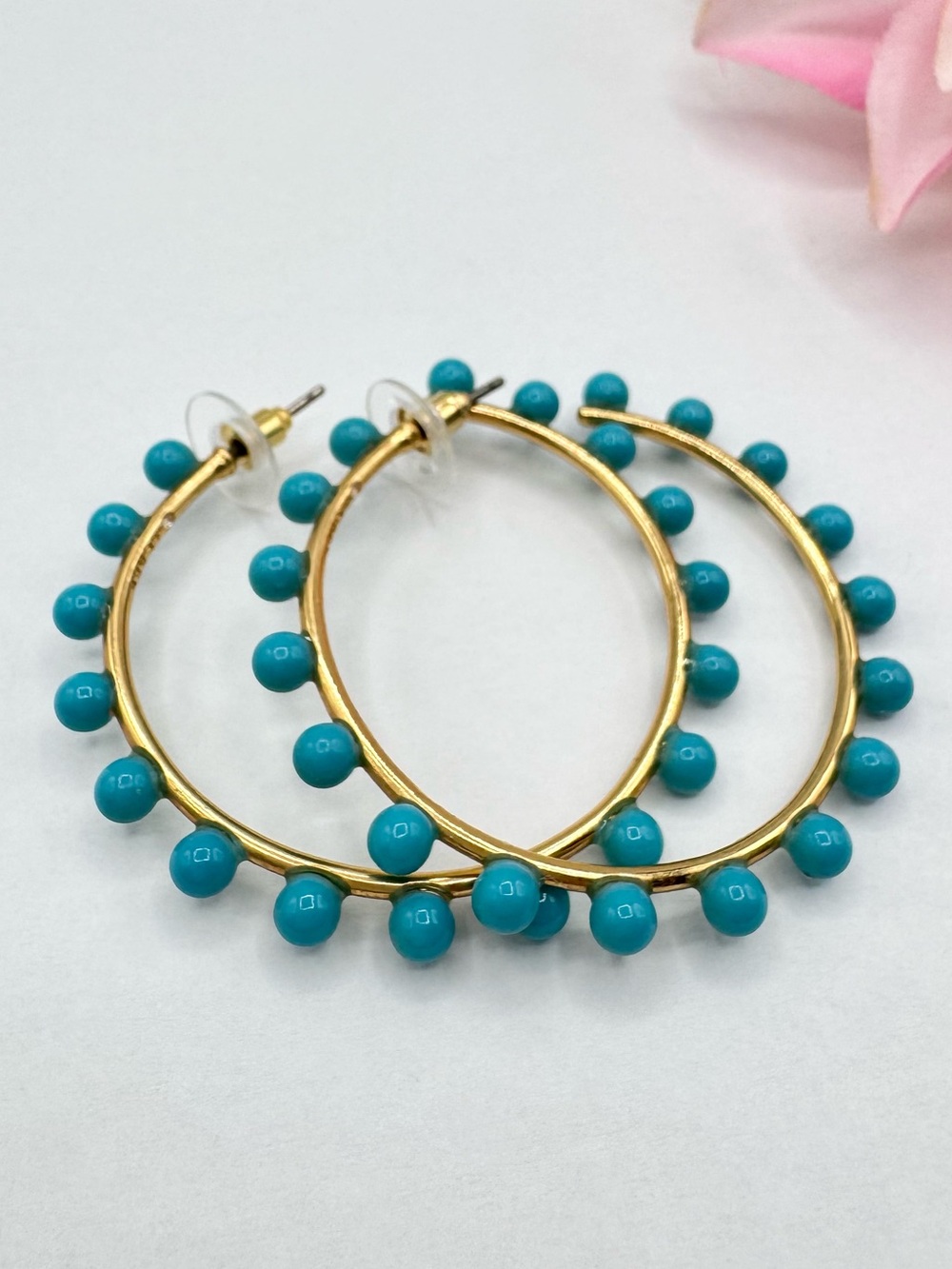J.Crew Blue Beaded Hoop Earrings Brass Tone Signed Fun Flirty Garden Tea Party